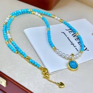 Collier pendentif turquoise de style européen et américain, polyvalent, vintage, tendance, boucle universelle, perle d'eau douce, design superposé - Product Image 5