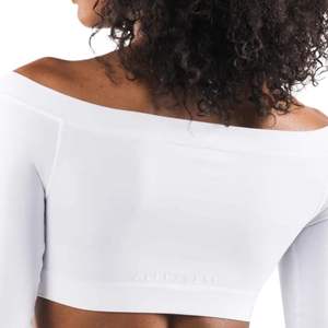 Top Corto Blanco de Manga Larga con Hombros Descubiertos para Mujer, con Logotipo Personalizado en la Parte Delantera, Tejido de Punto, Spandex, Poliéster, Ropa Deportiva Informal - Product Image 5