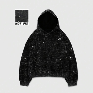 เสื้อฮู้ดดี้ผู้ชายสีดำแบบยูนิเซ็กซ์ ประดับเพชรทั้งตัว ผ้าฝ้ายฟลีซ สไตล์มินิมอล สตรีทแวร์ เสื้อกันหนาวมีฮู้ดลำลอง สินค้าจากสหรัฐอเมริกา - Product Image 1