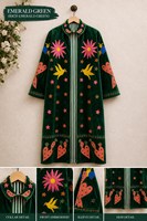 Magnifique Manteau Long Brodé en Velours Rouge Premium pour Femme, Style Bohème Chic, Motif Floral et Oiseaux, Veste de Luxe pour Dames