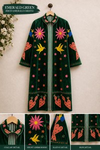 Impresionante Abrigo Largo de Terciopelo Rojo Premium para Mujer, Chaqueta Bordada con Diseño Floral y de Aves, Estilo Boho Chic, Abrigo de Lujo para Dama - Product Image 5