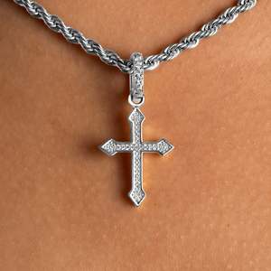 Moissanite Cross Pendant Necklace 925 Silver Rhodium Plated Micro Pave Round Brilliant Cut Unisex Everyday Wear <b>Rope</b> <b>Chain</b> - Product Image 1