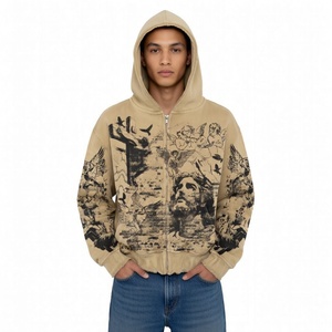 เสื้อฮู้ดซิปพิมพ์ลายกราฟิกสไตล์วินเทจสำหรับฤดูหนาว ผ้าฟลีซคอตตอน 100% หนานุ่ม ทรงโอเวอร์ไซส์ สไตล์สตรีทแวร์สำหรับผู้ชาย - Product Image 6