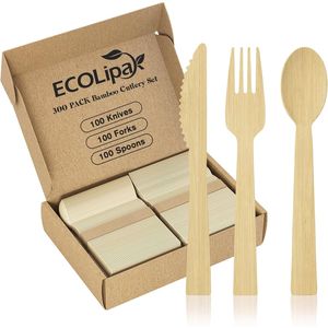Set di posate usa e getta in bambù da 300 pezzi, 100 coltelli, forchette e cucchiai, senza residui, compostabili, 100% biodegradabili - Product Image 1