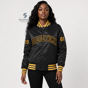 Veste universitaire noire en satin pour femme NCBW avec boutons-pression, lettres grecques brodées, col et poignets en tricot rayé, style universitaire - Product Image 5