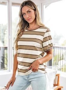 Camisetas de Verano para Mujer 2026, Camisetas de Moda a Rayas con Bloques de Color, Manga Corta, Cuello Redondo, Casuales, Holgadas, Básicas - Product Image 5
