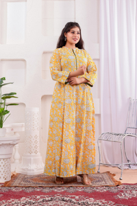 Robe longue en coton 100% écologique à imprimé floral jaune, col mandarin, manches longues, coupe classique, formelle, été, pour femmes - Product Image 1