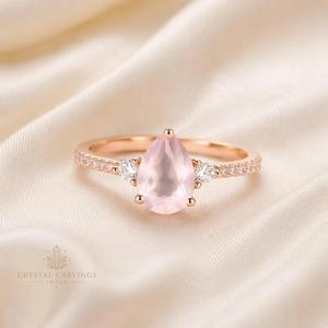 Natural Rose Quartz Rhodium Plated Sterling <b>Silver</b> <b>Ring</b> Pear Cut Pink Gemstone Engagement <b>Dainty</b> Three Stone Promise <b>Ring</b> Unisex - Product Image 5