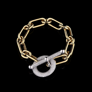 Luxury Two Tone gold paperclip chain bracelet with pave lab grown diamond <b>toggle</b> clasp in two tone - Product Image 1