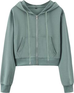 Sudadera con capucha corta negra para mujer, de manga larga, con cremallera, de color liso, de punto, para otoño - Product Image 4
