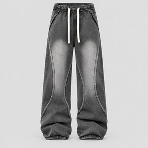 Jeans coupe droite pour homme avec franges latérales, denim épais délavé vintage, style streetwear, vente en gros - Product Image 1