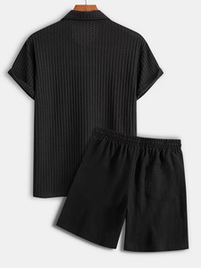 Men's Black Knitted Polo Shirt and Shorts Set Solid Color Casual Summer Wear Breathable 2 Piece Outfit - Product Image 2