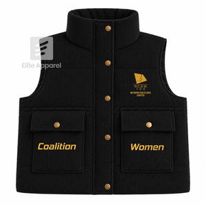 Custom NCBW Coalition Puffer vest embroidered logo on front <b>black</b> and gold color sleeveless <b>jacket</b> for female - Product Image 1