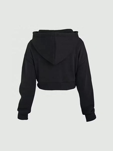 Sweat-shirt à capuche court noir pour femme, couleur unie, décontracté, manches longues, tricoté, 100% coton, pour l'automne - Product Image 2