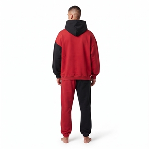 Men's <b>Red</b> Black Color Block <b>Hoodie</b> And Jogger Tracksuit Full Sleeve Loose Fit Contrast Two Tone Casual Wear With Side Pockets - Product Image 2