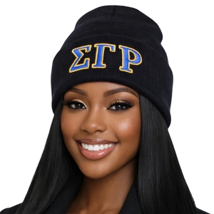 หมวกบีนนี่ SGRHO แบบกำหนดเอง ปักตัวอักษรกรีก Sigma Gamma Rho สีดำ หมวกไหมพรมสีน้ำเงินทอง หมวกฤดูหนาวสำหรับชมรมนักศึกษา หมวกคลุมศีรษะแบบสบายๆ อุ่นๆ - Product Image 1