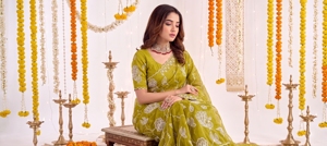 Sari en soie verte avec broderie florale blanche, tenue traditionnelle indienne pour mariage, longueur au sol, protection solaire, pour femmes - Product Image 5