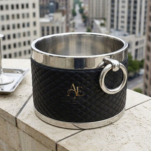 Luxury Stainless Steel Double Wall Wine <b>Ice</b> Bucket With Black Quilted Leather Wrap Silver Ring Handles Party Beverage Tub - Product Image 1