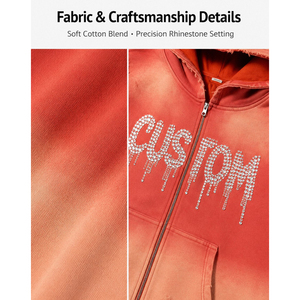 Prix d'usine 2026 – Sweat à capuche zippé pour homme, effet vieilli, délavé à l'acide, avec lettres en strass, style Hip Hop Streetwear, OEM ODM - Product Image 6