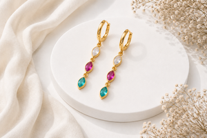 Leaf Birthstone Dangle Hoop <b>Huggie</b> Earrings, Multiple Birthstone Earrings, Gold Earrings for Women, Birthday Gift for Her, Mothe - Product Image 3