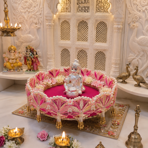 Sillón de Pooja de terciopelo rosa hecho a mano para Laddu Gopal Ji, con perlas y flores, para la decoración del asiento de la divinidad en el Mandir. - Product Image 4