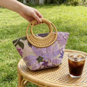 Bohemian Straw <b>Handbag</b> With <b>Sequined</b> Floral Pattern Two Handles Open Top Summer Style - Product Image 1