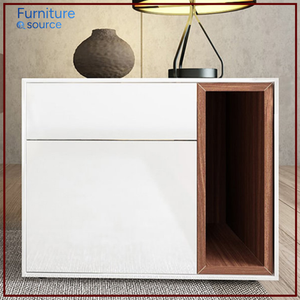 Asymmetrical Drawer Nightstand, <b>White</b> and Wood Nightstand from Vietnam, Unique Design for Modern Rooms - Product Image 1