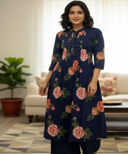 Kurta Tradicional de Algodón para Mujer, Estampado Floral, Azul Marino, Corte Holgado, Largo Midi, Estilo Informal, Estilo India Pakistán, SHAGUN 85144 - Product Image 1