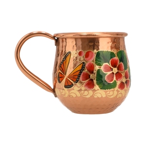 Mug à Moscow Mule en cuivre pur massif, artisanal, avec motif floral de tulipe peint à la main et poignée solide et robuste. - Product Image 2