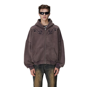 Conjunto Deportivo Casual Personalizado para Hombre 2 en 1 Transpirable con Lavado Ácido, Sudadera con Cremallera y Pedrería, Pantalones Acampanados de Felpa 100% Algodón de Secado Rápido - Product Image 1