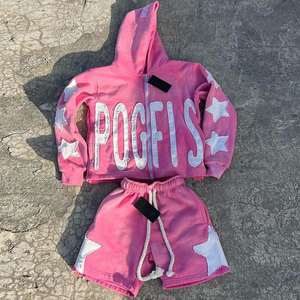 Ensemble de survêtements personnalisés à fermeture éclair, style déchiré, avec patchs et délavage acide, comprenant un sweat à capuche et un pantalon de survêtement, ou un short de survêtement, pour hommes et femmes - Product Image 1