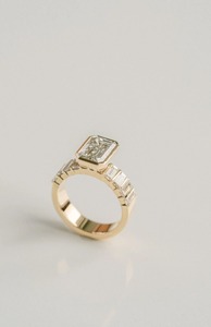 Vintage 3CT Emerald Cut Lab Grown Diamond <b>Ring</b> 14k Yellow <b>Gold</b> Bezel <b>Set</b> Baguette Shoulder Half Eternity Band Engagement <b>Ring</b> - Product Image 3
