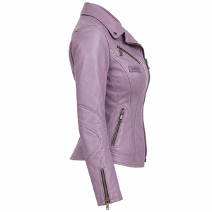 Veste de motard sur mesure pour femme en cuir véritable doux, couleur lilas lavande, avec fermeture éclair oblique, col à revers, coupe ajustée, manteau d'extérieur - Product Image 3