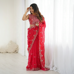 Elegant <b>Red</b> Embroidered <b>Saree</b> With Blouse Traditional Indian Wedding Wear For Women From Samp Corporation - Product Image 1