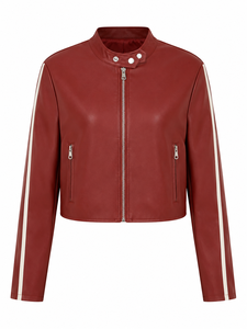 Blouson court en similicuir rouge bordeaux pour femme, style motard, col montant, poches zippées, rayures contrastées, vêtement d'extérieur décontracté et tendance, vente en gros - Product Image 4