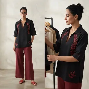 Ensemble Kurta brodé noir pour femmes et pantalon Palazzo bordeaux, manches trois quarts, col en V, tenue ethnique décontractée, tenue confortable - Product Image 5