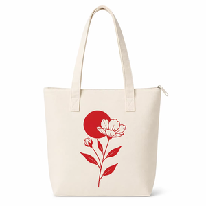 AMANI 300GSM White Canvas <b>Tote</b> Bag Eco Friendly Reusable Shopping Bag Custom Logo <b>Zip</b> Closure Heavy Duty Floral Red Petals - Product Image 1