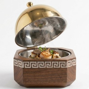 Luxury Walnut Wood Hotpot with Stainless Steel Interior 3pcs Casserole Set Mother of Pearl Inlay Teak Finish Food Warmer at Bulk - Product Image 3