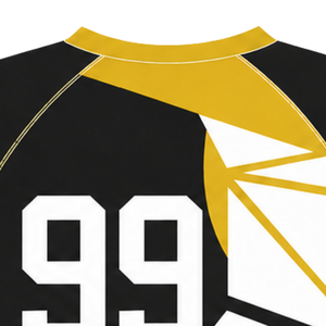 Maillot de compression athlétique à manches courtes noir, doré, jaune et blanc, col ras du cou, motif géométrique, pour entraînement de performance et sports de rame - Product Image 4