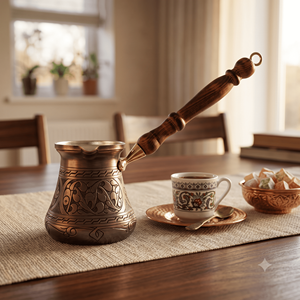 หม้อกาแฟตุรกีโบราณสีบรอนซ์ ลายอาหรับ ซีซ์เว อิบริก กรีก บริกิ พร้อมที่อุ่นนมสำหรับเตาแก๊ส ด้ามจับไม้สีเข้ม ผลิตตามแบบ OEM - Product Image 4