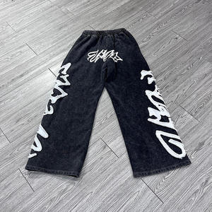 Pantalones Anchos Negros para Hombre con Estampado de Letras Blancas, Cintura Elástica con Cordón, Tela de Lana, Lavado Arena, Estilo Hip Hop, para Invierno - Product Image 2