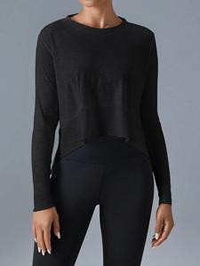 Crop top noir pour femme, manches longues, col rond, tricoté en spandex et polyester, coupe ample asymétrique, couleur unie minimaliste, toutes saisons - Product Image 3