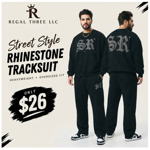 Ensemble de survêtement streetwear pour homme en coton/polaire imprimé strass, avec sweat-shirt et pantalon de survêtement baggy, coupe oversize et longueur intégrale - Product Image 1