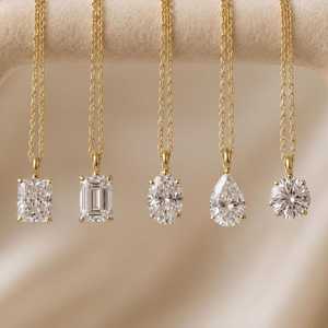 Collier pendentif en or massif 10K 14K 18K avec diamant de laboratoire de couleur E, pureté VVS, taille princesse, ronde, poire, ovale, marquise, émeraude - Product Image 1
