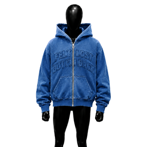 Chaqueta con Capucha Oversize Azul Lavado, con Letras Bordadas, Cremallera Completa, Estilo Retro Grunge Desgastado, Urbano Casual - Product Image 1