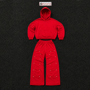 Chándal Rojo con Capucha para Hombre, Manga Larga, Color Sólido, Estilo Casual Holgado, Algodón, Ropa de Otoño con Bolsillos Laterales, Cintura Elástica, Ajuste Cómodo - Product Image 5