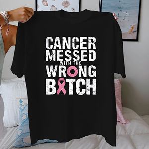 Camiseta de concienciación sobre el cáncer de mama con lazo rosa y texto llamativo, camiseta informal de manga corta con cuello redondo para mujer, 100% algodón - Product Image 3