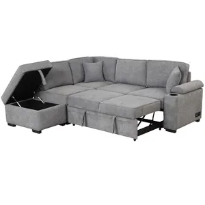 Sleeper Sofa Bed 2 in 1 Pull Out Sofa Bed L Shape Couch with Storage Ottoman USB Charging Port and Cup Holders