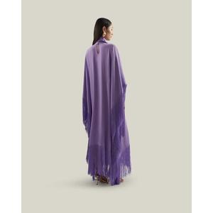 Robe longue élégante violette à col montant, manches trois quarts, détails à pompons, en mousseline transparente, coupe trapèze, écologique, toutes saisons - Product Image 2