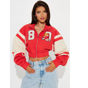 Red And <b>White</b> Varsity <b>Jacket</b> With Embroidered Logo Zipper Front Turn Down Collar Sporty Style <b>Short</b> Length Varsity <b>Jacket</b> - Product Image 1